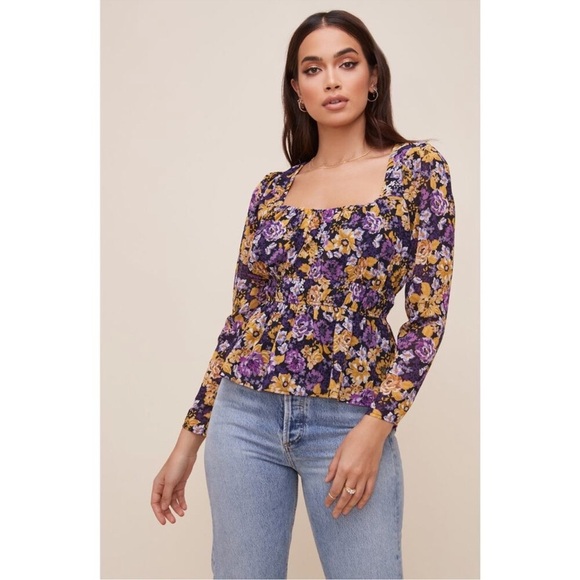 ASTR The Label Floral Blouse Top Square Neck Sheer Purple Black Flower Yellow - Picture 1 of 12